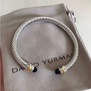 David Yurman Silver Cable Cuff Bracelet with Black Onyx Tips and Gold Accents 5m
